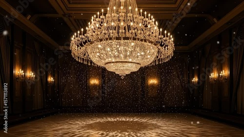 Elegant crystal chandelier illuminates a luxurious ballroom with golden light and particles.