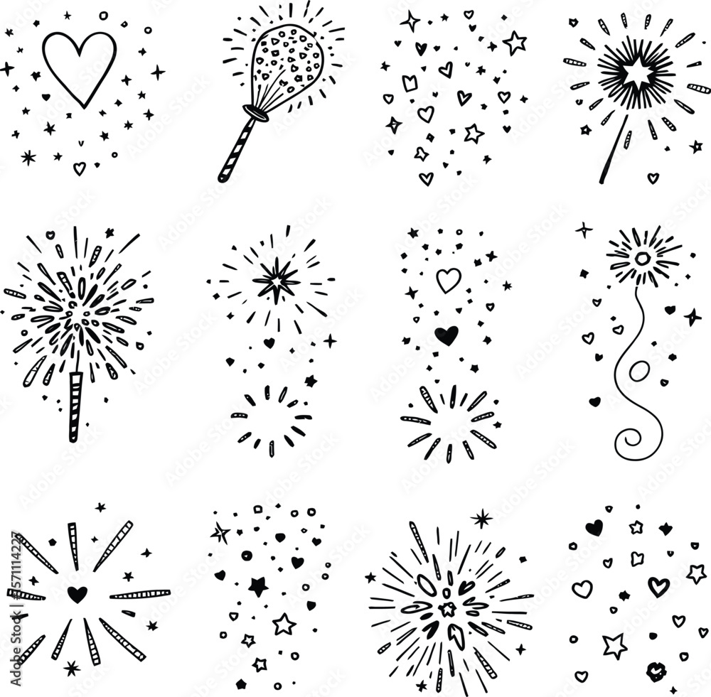 Obraz premium Sparked Wonder — Silhouette Icons of Festive Fireworks, Bursts, and Sparkles with Wand and Whimsical Elements