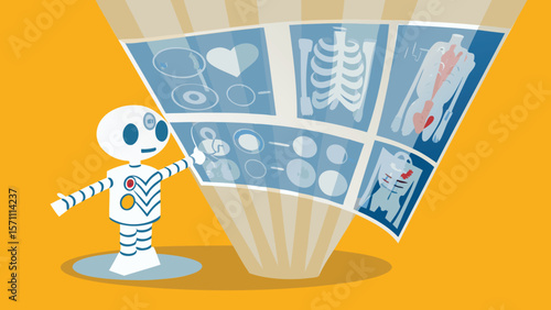Robot pointing at screen displaying medical images like heart, skeleton and human anatomy scans in blue