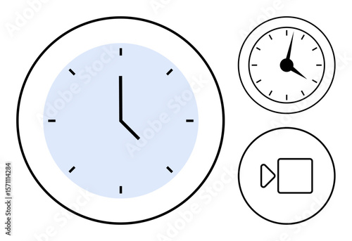 Analog wall clock with black hands, smaller clock, and video play icon. Ideal for time management, scheduling, productivity, media, communication, workflow and simple flat metaphor