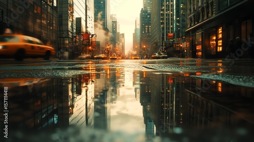 Wet City Street with Taxi Cabs in Downtown New York