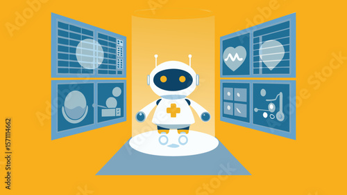 Illustration of a medical robot standing on a platform with screens showing data on either side