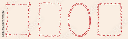 Hand drawn whimsical vintage frames. Bows frame with laces for greeting cards, wedding, birthday party, picnic invitations in cute elegant coquette style. Vector ribbons minimalist ornament borders