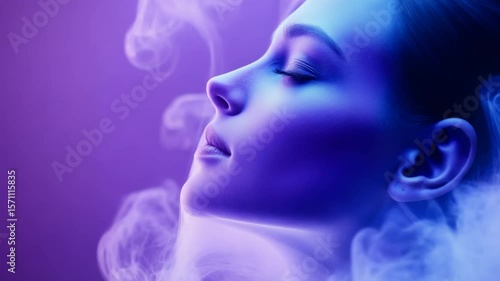 Female Face Surrounded by Purple Light and Dreamy Smoke