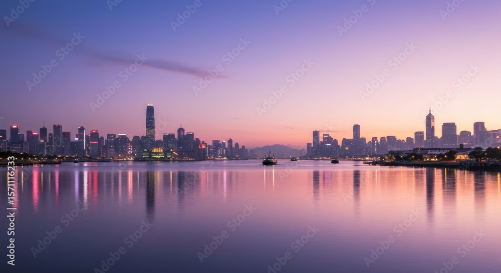 Naklejka premium Vibrant City Skyline at Twilight Reflected on Calm Water with Purple and Pink Hues