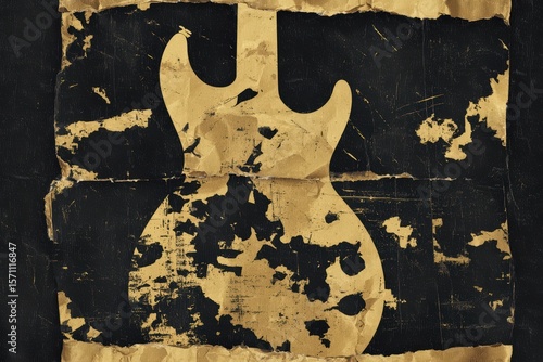 Grunge - styled electric guitar silhouette on aged, torn paper with vintage rock vibe.