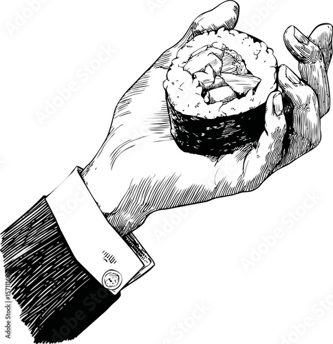 Hand holding sushi roll with detailed sketch in black and white illustration