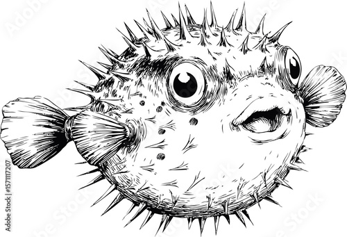 Black and white illustration of a spiky pufferfish with big eyes and a smiling mouth