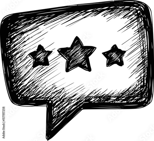 Sketchy black and white speech bubble with three stars rating concept