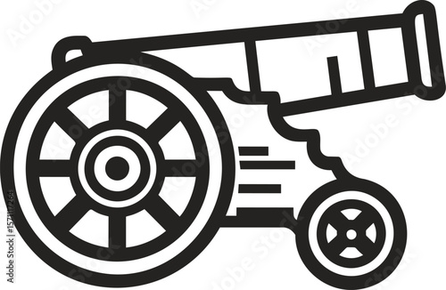 Black and white vintage cannon illustration with simple bold lines