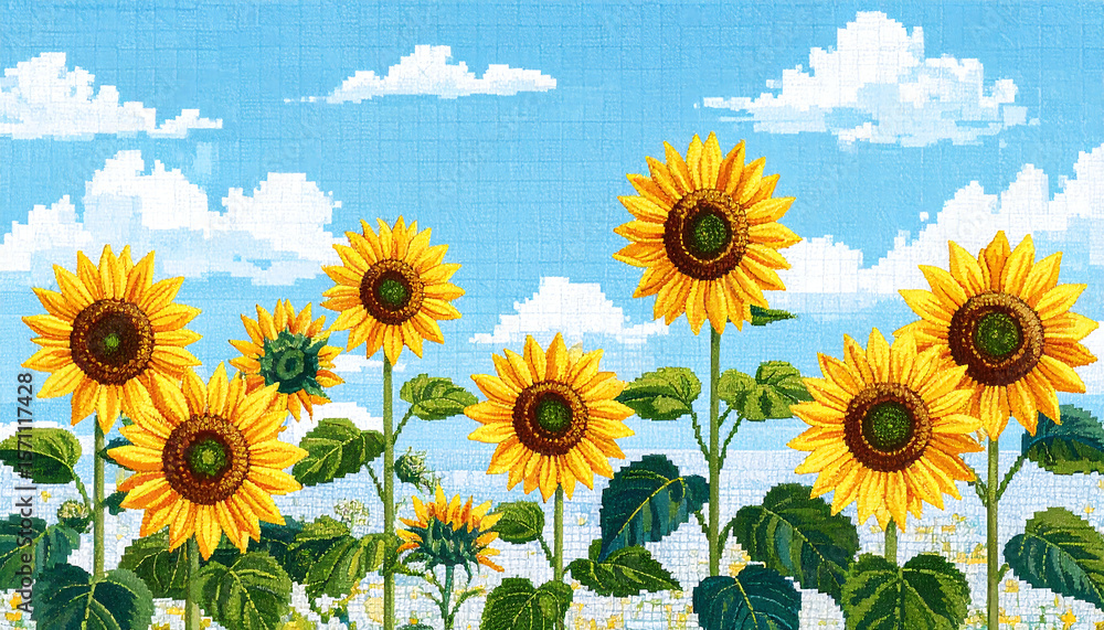 Obraz premium A needlepoint-style tapestry of Illustration watercolor style of blue sky and sunflower