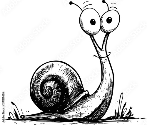 Cheerful cartoon snail with big eyes and a swirling shell in black and white