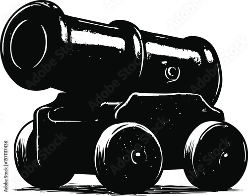 Black and white illustration of a vintage cannon on wheels in bold shades
