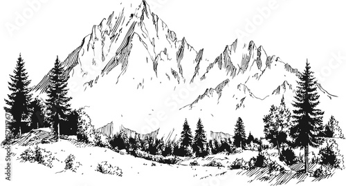Black and white sketch of mountains and trees with a serene landscape