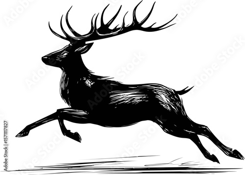 Silhouette of a running stag with large antlers in black and white illustration