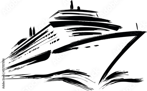 Black and white illustration of a luxury cruise ship at sea, digital artwork