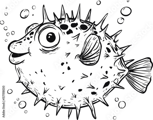 Cute black and white drawing of a smiling puffer fish surrounded by bubbles