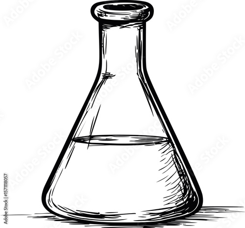 Hand-drawn black and white sketch of an Erlenmeyer flask containing liquid