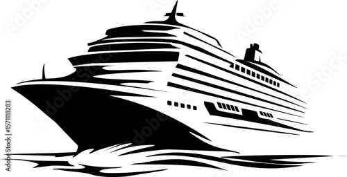 Black and white illustration of a cruise ship sailing on water