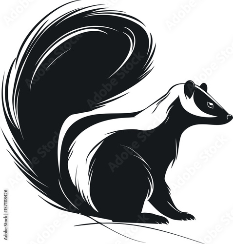 Stylized black and white skunk silhouette with bushy tail illustration