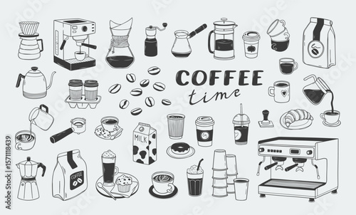 Hand drawn coffee elements set with equipment, machines, cups, kettle, milk, espresso, beans, dessert. Outline vintage stickers in sketch style. Doodle items for menu, print, cafes, coffee shop design