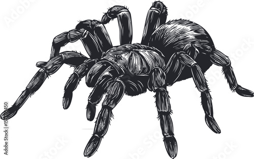 Black and white illustration of a tarantula, detailed sketch