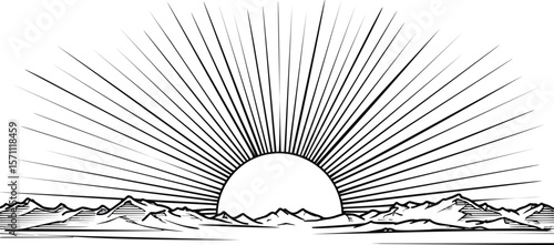 Line art of sunrise over mountains with radiating sunbeams, peaceful scenery