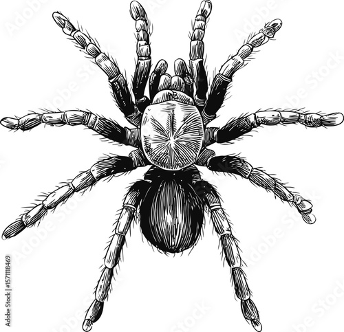 Detailed black and white illustration of a tarantula spider