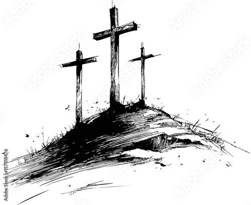 Silhouette of three crosses on a hill in black ink drawing style illustration