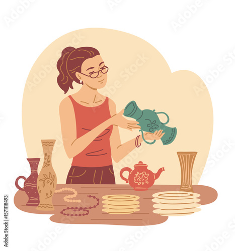 Woman specialist studies vintage dishes. Girl examines antique vase. Plates, beads, jugs on table. Retro things shop for sale and collectors. Vector illustration isolated on white background