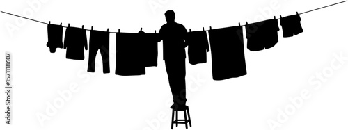Man Standing by Drying Laundry with Stool Silhouette
