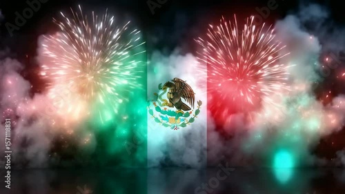 Fireworks display over the Mexican flag