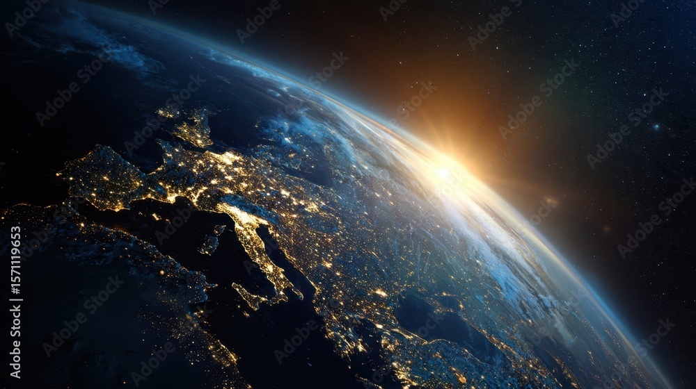 Fototapeta premium The Earth Viewed from Space with a Beautiful Sunrise Over Europe
