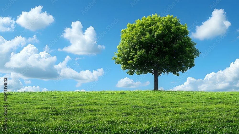Obraz premium Lone green tree standing in a lush grassy field beneath a tranquil blue sky filled with white fluffy clouds