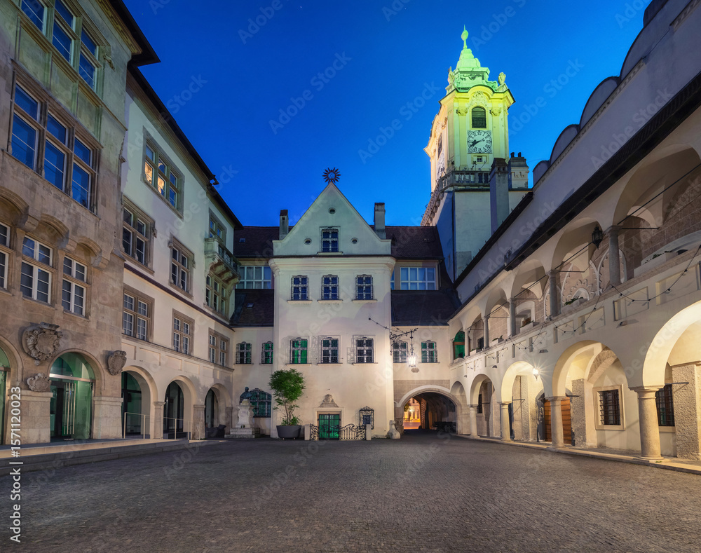 Obraz premium Bratislava, Slovakia. Inner courtyard in the old Town Hall building at dusk
