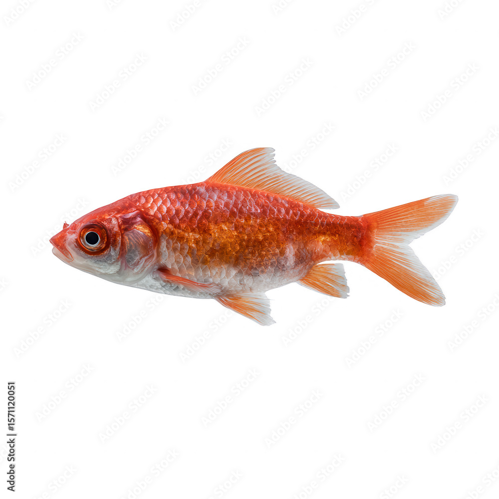 Obraz premium A vibrant goldfish swimming gracefully against a white isolated background, showcasing its smooth scales and fins, representing aquatic beauty in a serene manner.