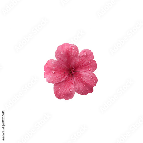 A vibrant pink flower with delicate petals and drops of water on its surface, set against a white isolated background, symbolizing freshness and beauty.