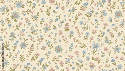 Rustic kitchen wallpaper from the 80s, small blue and pink flower sprigs scattered on cream background, seamless pattern, nostalgic tone.