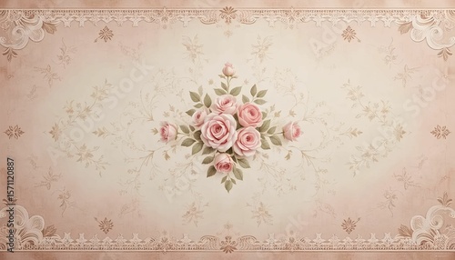 Vintage wallpaper texture with lace-style floral borders and small central rose clusters, subtle pastel pink tones, retro country kitchen look.
