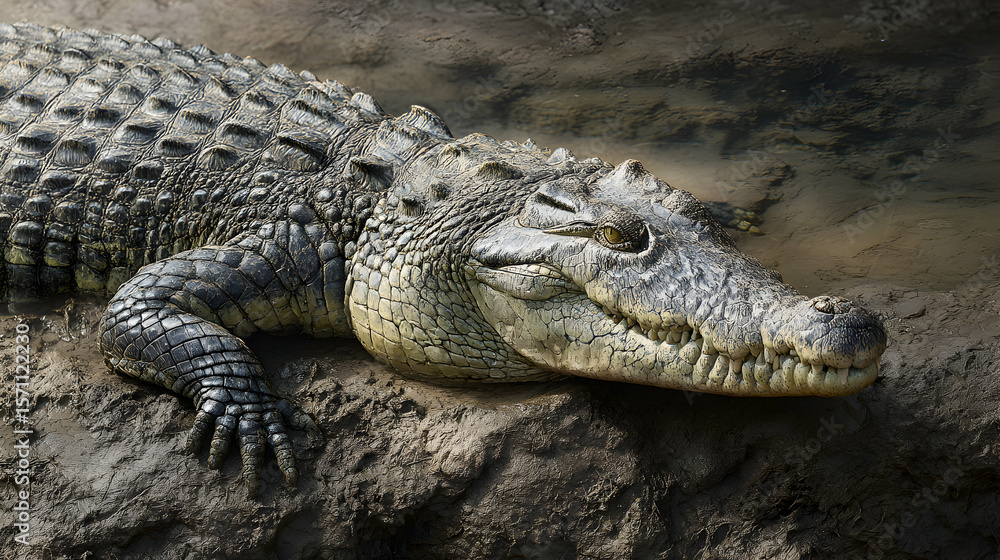 Obraz premium Large cocodrilo resting on muddy riverbank with eyes half closed