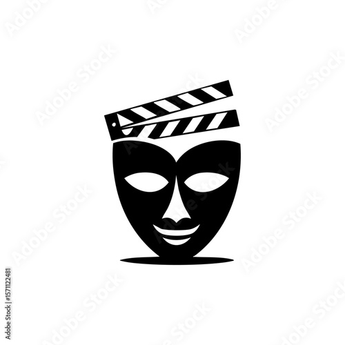 Vector logo of a theater mask combined with a director’s clapboard, representing acting, filmmaking, or performing arts.
