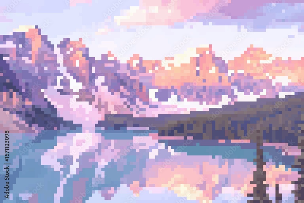 Obraz premium Pixel art landscape featuring mountains reflected in a lake with a pastel color palette scheme
