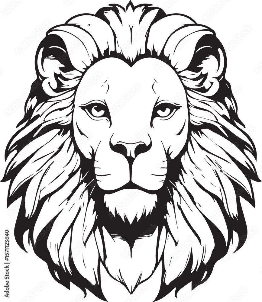 Obraz premium Majestic Lion Head: Intricate black and white illustration of a lion's regal head, showcasing its powerful presence and commanding gaze.