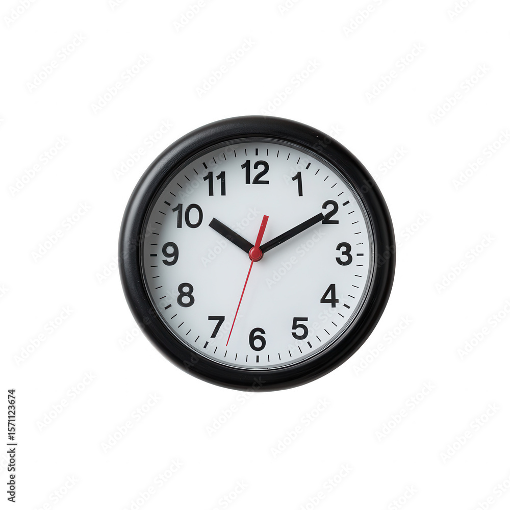 Clock with black frame and white face, showing time clearly. Simple design suitable for modern decor. Isolated on white background, emphasizing functionality and style. Clock with black frame and white face, showing time clearly. Simple design suitable for modern decor. Isolated on white background, emphasizing functionality and style.