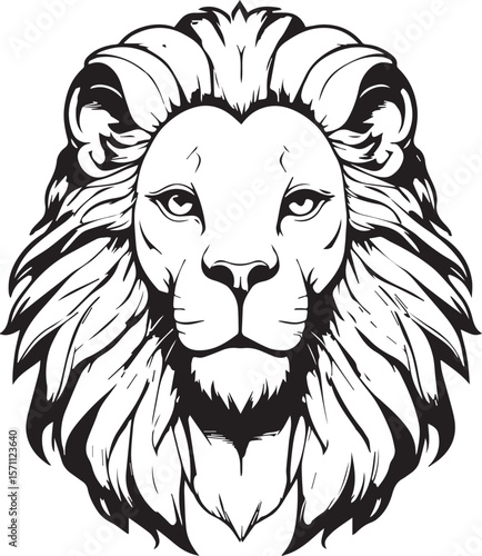 Majestic Lion Head: Intricate black and white illustration of a lion's regal head, showcasing its powerful presence and commanding gaze.
