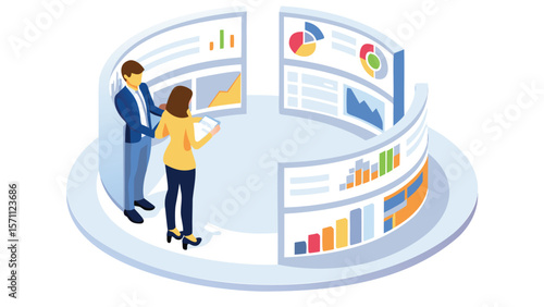Isometric illustration of business professionals analyzing data charts on multiple screens