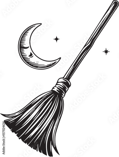Magical Broom Ride at Night: An enchanting illustration of a witch's broom soaring across the night sky. The illustration features a crescent moon and stars, perfect for themes of Halloween, fantasy.