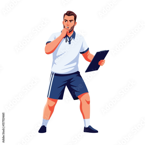 A male coach holding a clipboard and blowing a whistle.