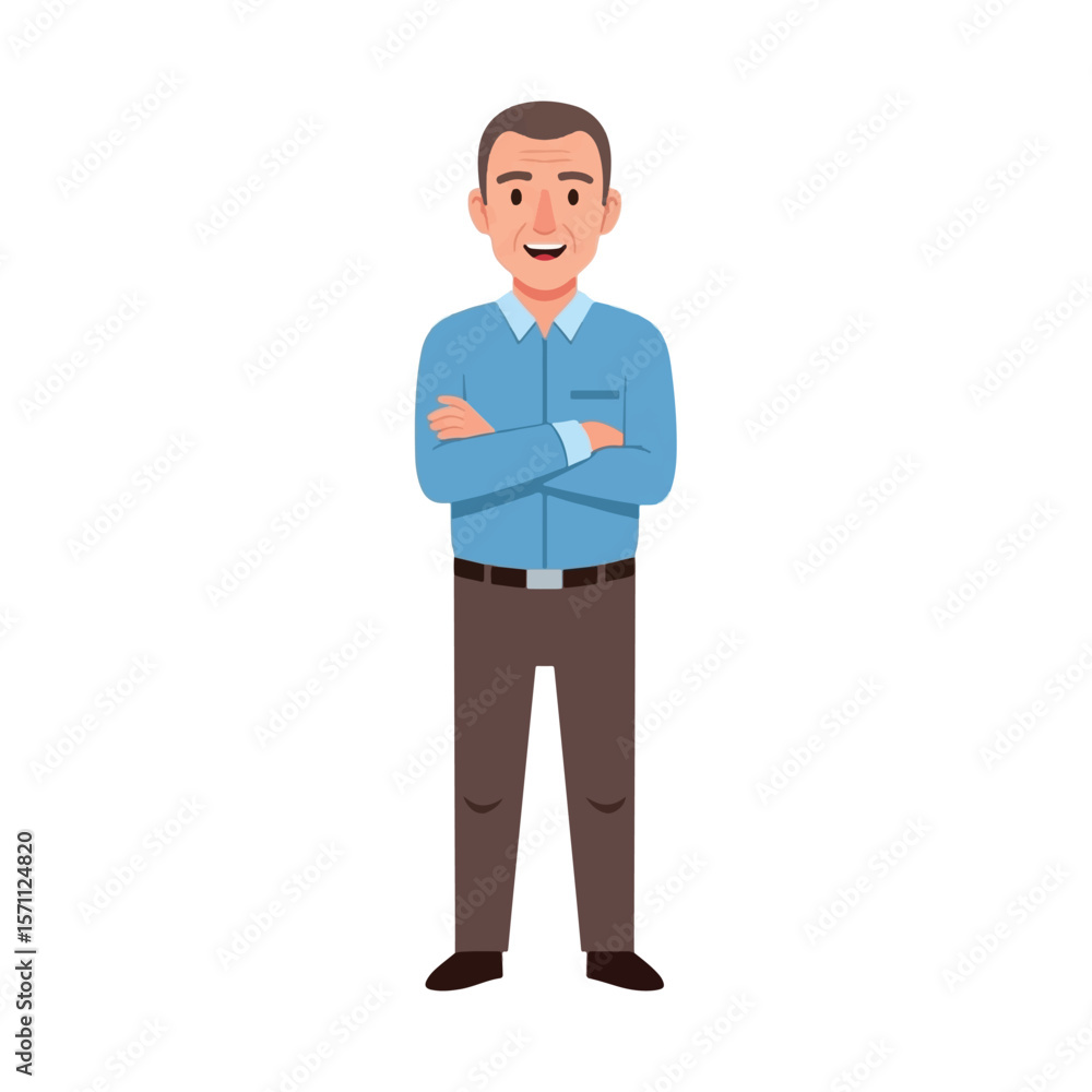 Full body cartoon illustration of a man with crossed arms, wearing a blue shirt and brown pants. Full body cartoon illustration of a man with crossed arms, wearing a blue shirt and brown pants.