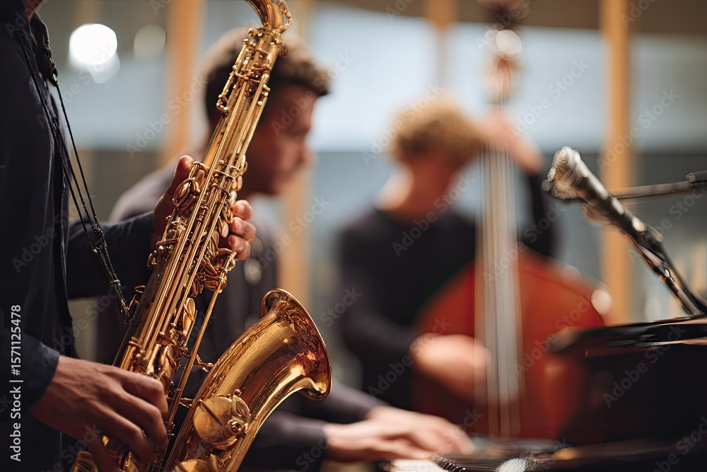 Fototapeta premium Jazz musicians create captivating melodies in dimly lit studio s